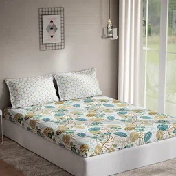 DDecor White & Green Floral 140 TC Cotton Queen Bedsheet with 2 Pillow Covers-image-73