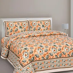 Texstylers Orange Floral Cotton 144 TC Queen Bedsheet with 2 Pillow Covers 120 GSM-picture-21