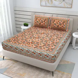 Wayne Martin Brown Floral Cotton 210 TC Queen Bedsheet with 2 Pillow Covers-image-3