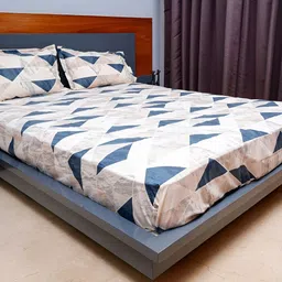 inizio Cream Blue Geometric 240 TC King Bedsheet with 2 Pillow Covers-picture-31