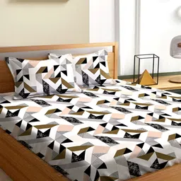 Aura Green & White Geometric 180 TC Queen Bedsheet With 2 Pillow Covers-image-27