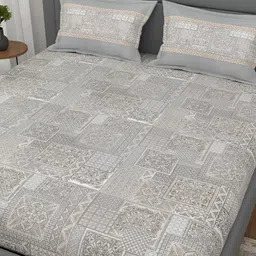 Srijee Decors Grey Ethnic Motifs 300 TC Cotton Fitted King Bedsheet with 2 Pillow Covers-image-87