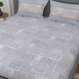 Srijee Decors Blue Ethnic Motifs 300 TC Cotton Fitted King Bedsheet with 2 Pillow Covers-image-89