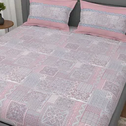 Srijee Decors Pink Ethnic Motifs 300 TC Cotton Fitted King Bedsheet with 2 Pillow Covers-image-93