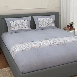 Srijee Decors Blue & White Floral 300 TC Cotton Fitted King Bedsheet with 2 Pillow Covers-image-2