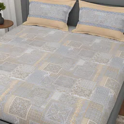 Srijee Decors Grey Ethnic Motifs 300 TC Cotton Fitted King Bedsheet with 2 Pillow Covers-image-94