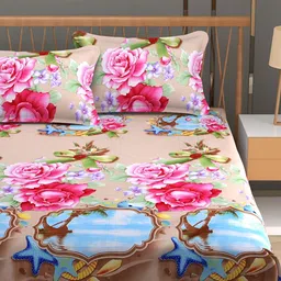 Aura Beige & Blue Floral Printed 180 TC Queen Bedsheet with 2 Pillow Covers-image-86