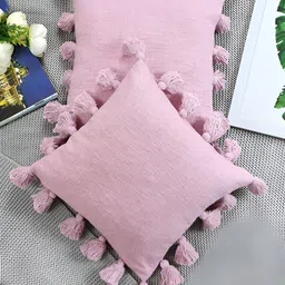 HOMADORN Lavender 2 Pieces Self Design Cotton Square Cushion Covers with Tassels image 2