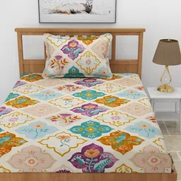 BREVARD Beige Printed 210TC Fitted Single Bedsheet with 1Pillow Cover image 2