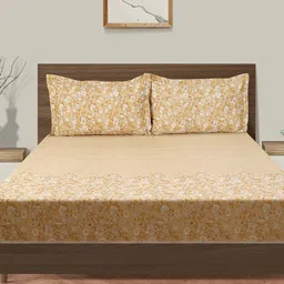 SWAYAM Yellow & White Floral Cotton Fitted 160 TC King Bedsheet With 2 Pillow Covers image 5