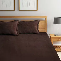 FABINALIV Brown Solid 300 TC Woollen King Size Bedsheet with 2 Pillow Covers image 2