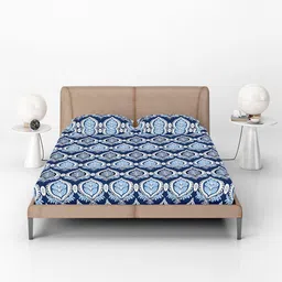 Divine Casa Blue & White Ethnic Motifs 144 TC Queen Bedsheet with 2 Pillow Covers image 4