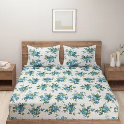 SWAYAM Green & White Floral Cotton Fitted 160 TC Queen Bedsheet With 2 Pillow Covers image 4