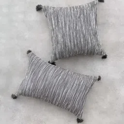 ALTROVE Charcoal & Beige Striped Embellished Square Cotton Cushion Cover-picture-34