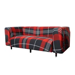 HOUSE OF QUIRK Red & Black Checked 4-Seater Stretchable Sofa Cover image 3
