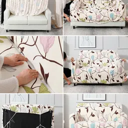 HOKIPO Beige & Blue 3 seater Printed Polyester Sofa Cover image 4