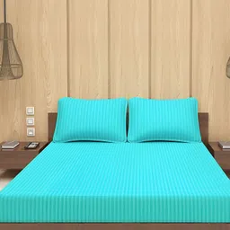 Bevi Turquoise Blue Striped 180 TC King Bedsheet with 2 Pillow Covers image 2