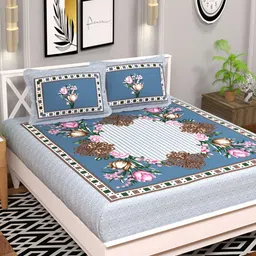 bsb home Blue & Green 220 TC Cotton Queen Bedsheet With 2 Pillow Covers image 3