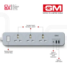 GM Cuba 6 Amps 3 Sockets Surge Protector (1.8 Meters, GM 3341, White) image 4