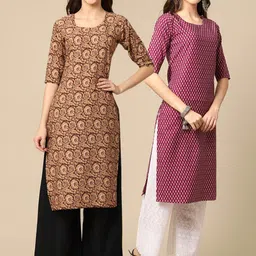 7threads KALINI Women Pack of 2 Beige & Burgundy Floral Printed Block Print Crepe Kurta image 1