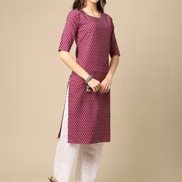 7threads KALINI Women Pack of 2 Beige & Burgundy Floral Printed Block Print Crepe Kurta image 2