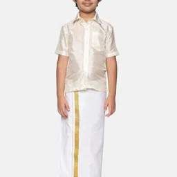 Sethukrishna Boys Cream-Coloured & Gold-Toned Shirt with Dhoti Set image 1