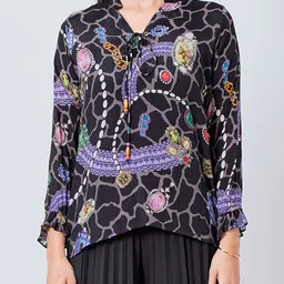 First Resort by Ramola Bachchan Black Print Tie-Up Neck Crepe Top image 2
