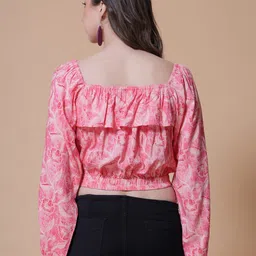 God Bless Floral Printed Puff Sleeve Ruffled Blouson Crop Top image 5