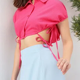 DressBerry Romantic Radiance Seersucker Cut-Out Detail Crop Shirt Style Top image 1
