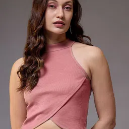 STYLECAST X KASSUALLY Halter Neck Solid Sleeveless Crop Top image 1