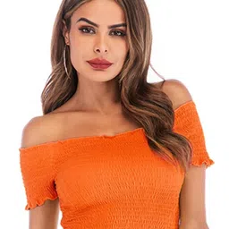 StyleCast Orange Off Shoulder Smocked Fitted Crop Top-picture-31