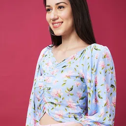 Globus Blue Floral Printed Sweetheart Neck Puff Sleeves Smocked Crop Top-image-36