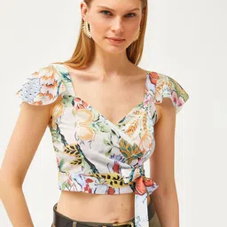 Olalook Floral Print Sweetheart Neck Flutter Sleeve Wrap Crop Top image 1