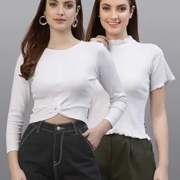 Friskers Pack Of 2 White Solid Cotton Fitted Tops-picture-21