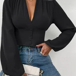Stylecast X Slyck Black V-Neck Puff Sleeves Crop Fitted Top-picture-18