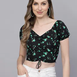 aayu Floral Printed Ruched Crepe Crop Top image 1