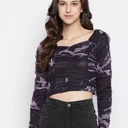 Madame Women Navy Blue & Purple Printed Sweetheart Neck Crop Top-picture-28
