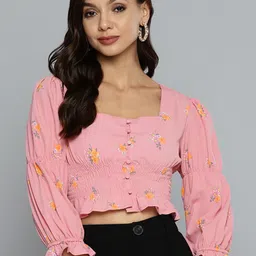 SASSAFRAS Pink & Orange Floral Print Fitted Crop Top image 1