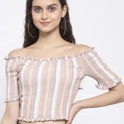 Zastraa Peach-Coloured Vertical Striped Off-Shoulder Smocked Bardot Crop Top-picture-49