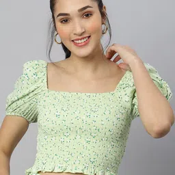 ANAI Floral Printed Square Neck Puff Sleeves Smocked Detailed Cotton Fitted Crop Top-picture-21