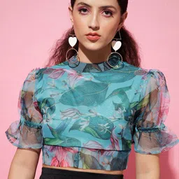 The Dry State Turquoise Blue Floral Print Styled Back Crop Top image 2