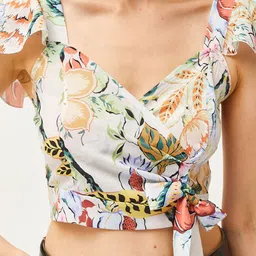 Olalook Floral Print Sweetheart Neck Flutter Sleeve Wrap Crop Top image 2