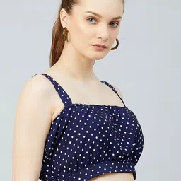 CHIMPAAANZEE Navy Blue & White Print Blouson Crop Top image 3