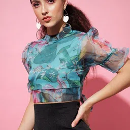The Dry State Turquoise Blue Floral Print Styled Back Crop Top image 5