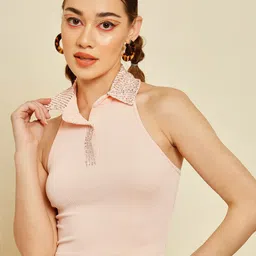 BAESD Shirt Collar Sequined Crop Top image 4
