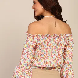 DODO & MOA Floral Print Off-Shoulder Flared Sleeve Crepe Bardot Crop Top image 2