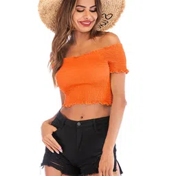 StyleCast Orange Off Shoulder Smocked Fitted Crop Top image 5