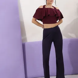 Veni Vidi Vici Maroon Square Neck Cold-Shoulder Sleeves Layered Crop Top image 5