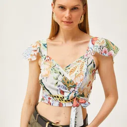Olalook Floral Print Sweetheart Neck Flutter Sleeve Wrap Crop Top image 5