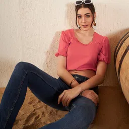 DENNISON Puff Sleeve Crepe Blouson Crop Top-picture-17